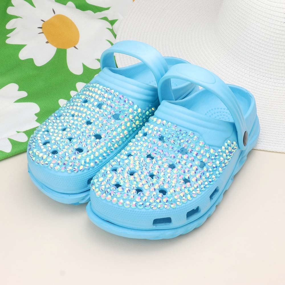 Blue Bling Rhinestone Crystal Slip On Croclike Slides Rubber Clog Sandals